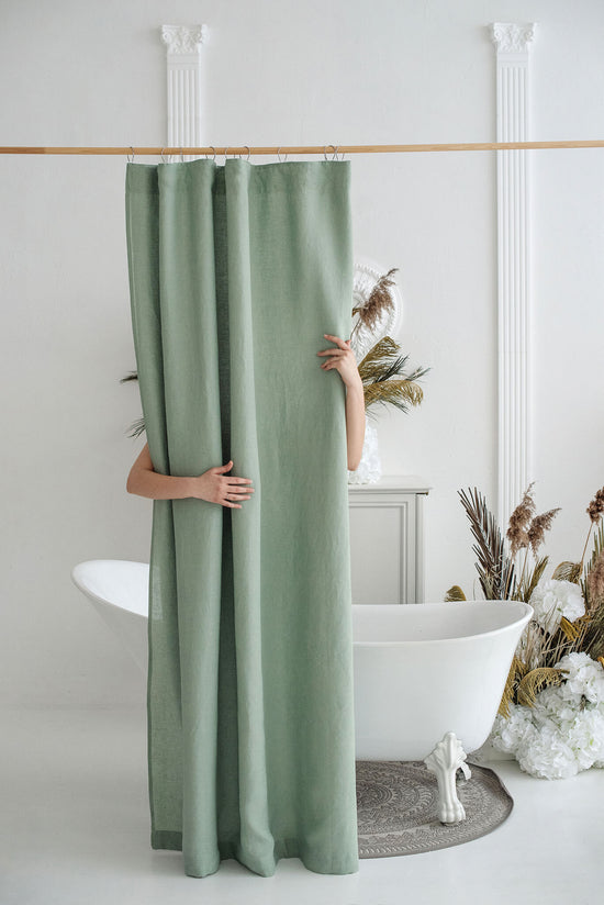 linen shower curtain with waterproof lining in sage green color