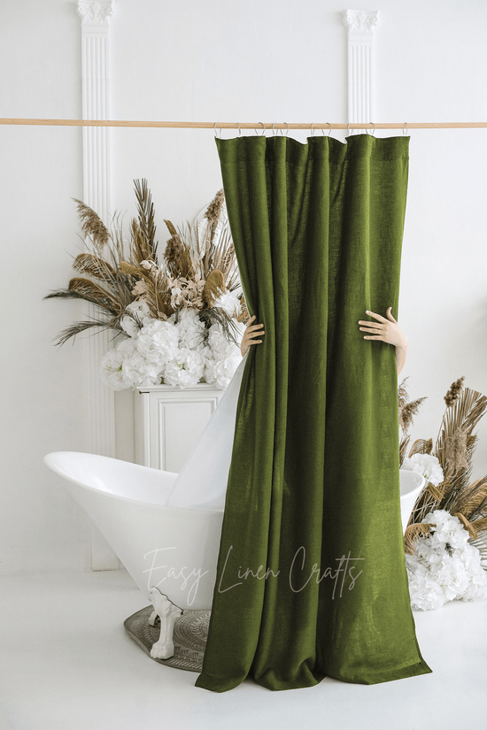 Linen shower curtain with waterproof liner in Moss Green color. Custom sizes available