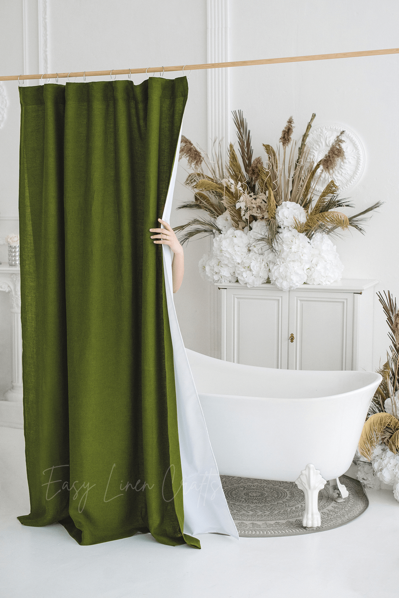 Linen shower curtain with waterproof liner in Moss Green color. Custom sizes available