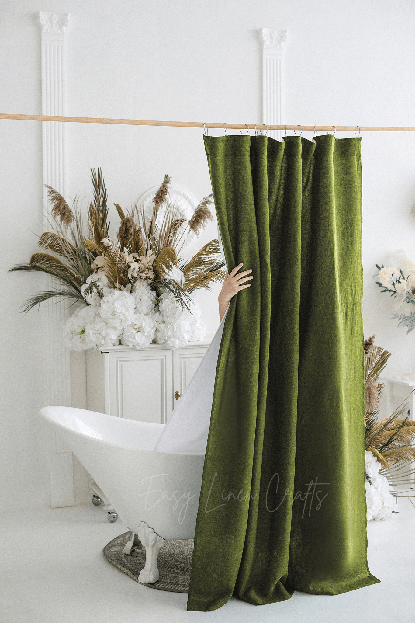 Linen shower curtain with waterproof liner in Moss Green color. Custom sizes available