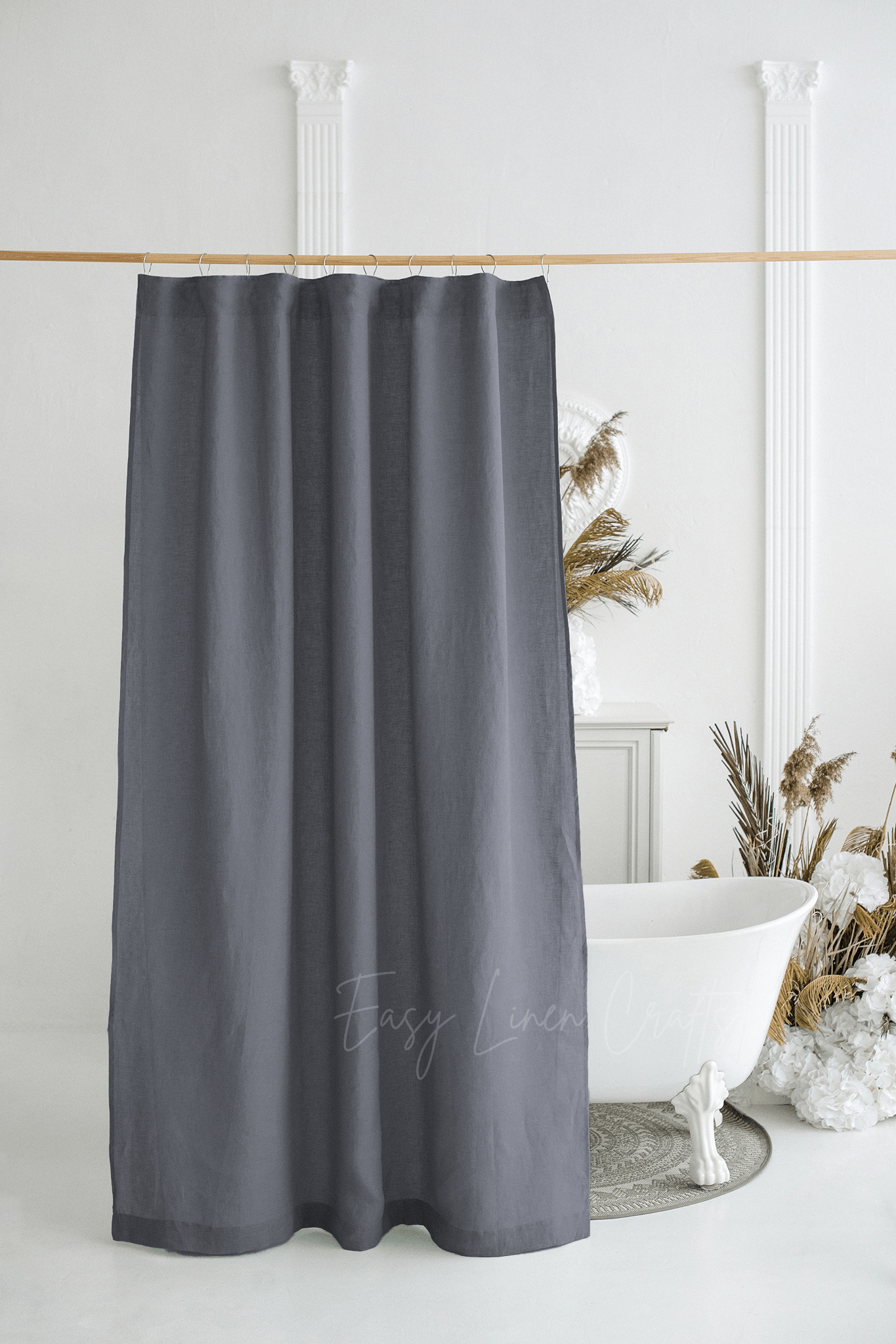 Linen shower curtain with waterproof liner in Dark Grey color. Custom sizes available