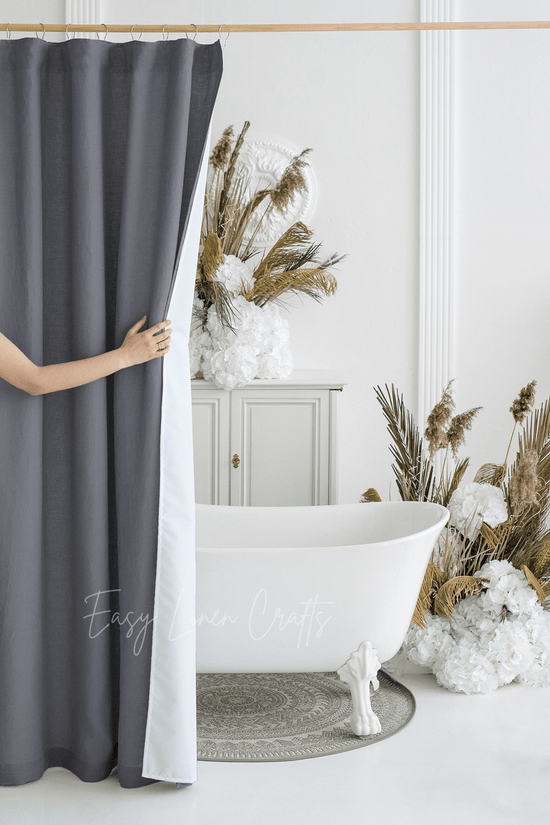 Linen shower curtain with waterproof liner in Dark Grey color. Custom sizes available