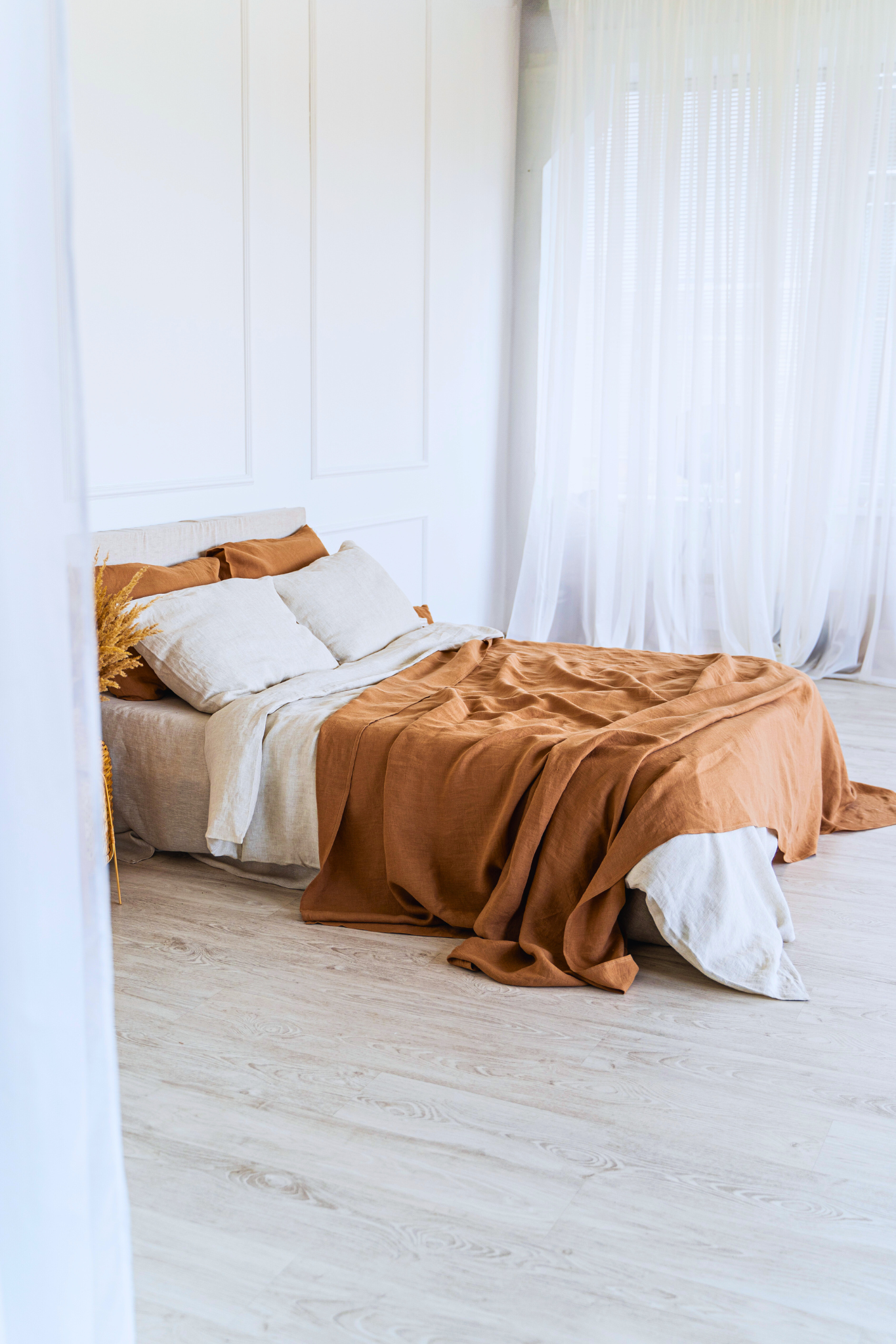 Linen Bedspread in Amber Orange color