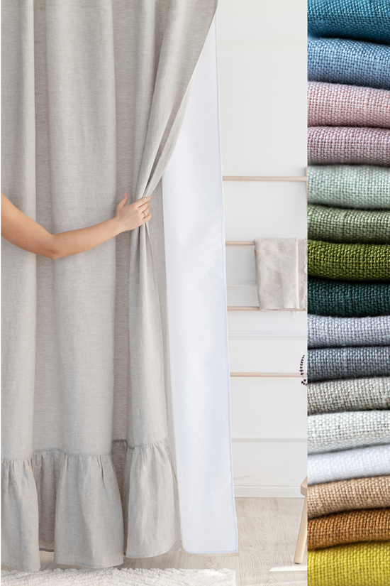 Linen shower curtain with the Ruffle and waterproof liner in variety of color, 79''/200cm width.Custom sizes available