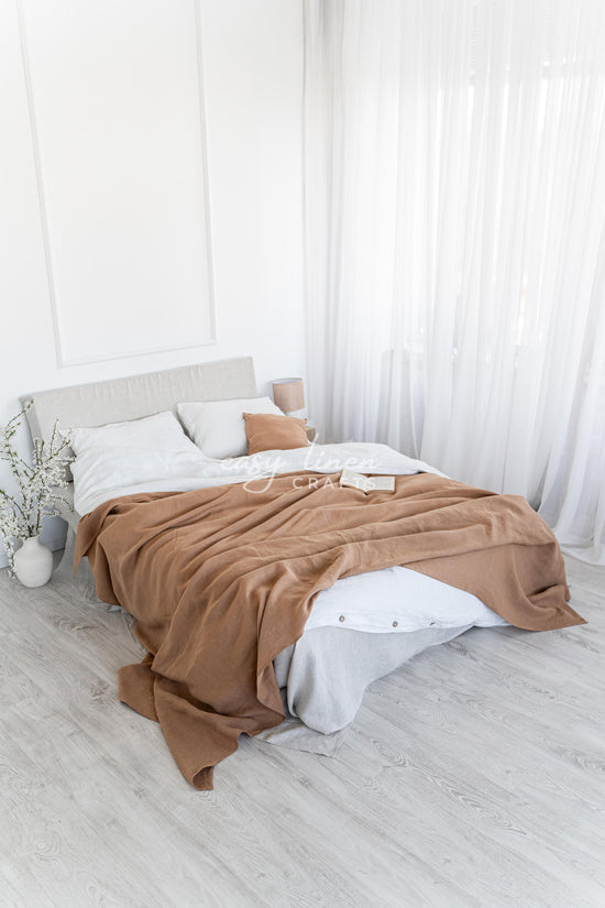 Linen Bedspread in Camel Brown color