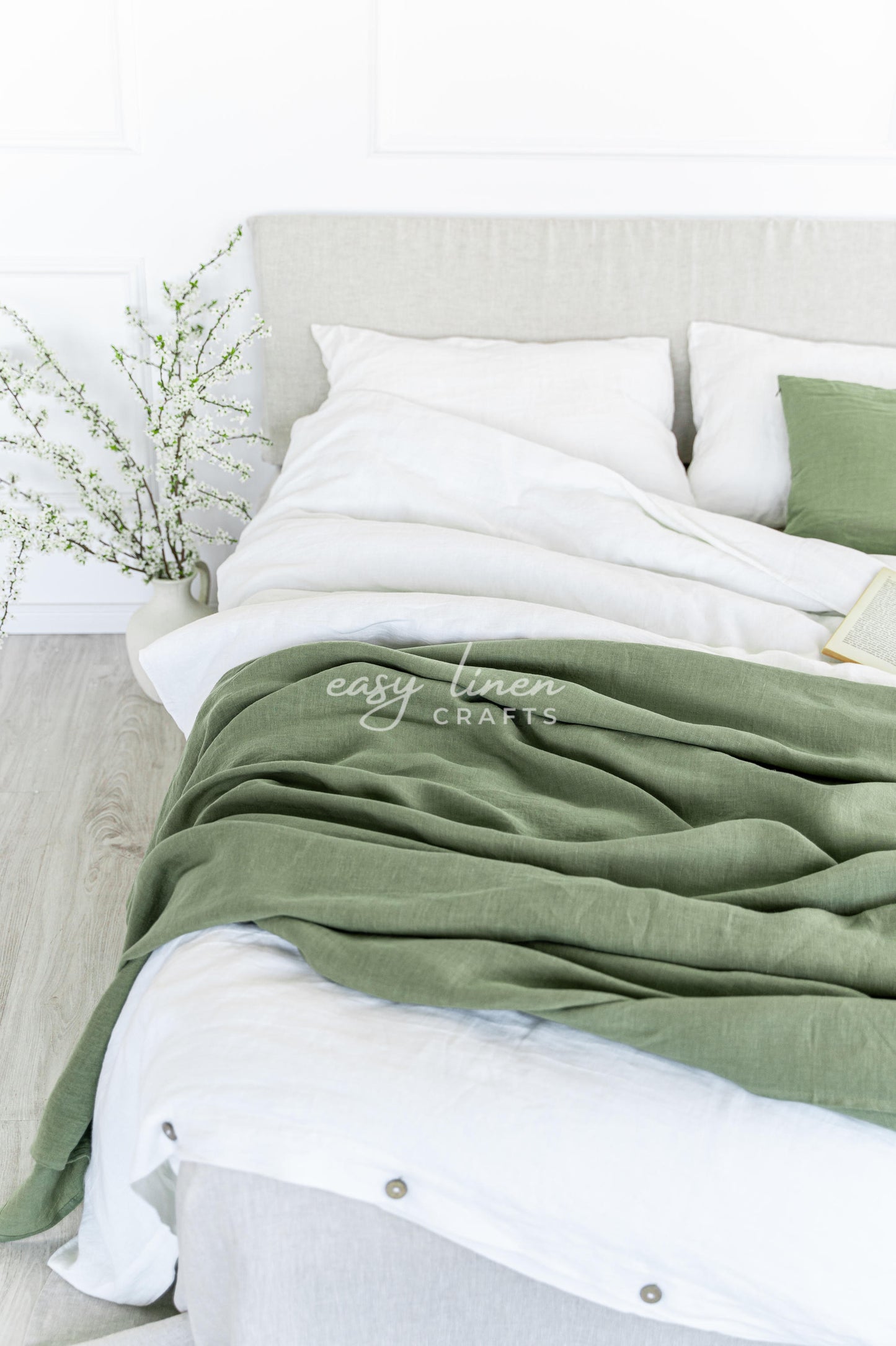 Linen Bedspread in Khaki Green color