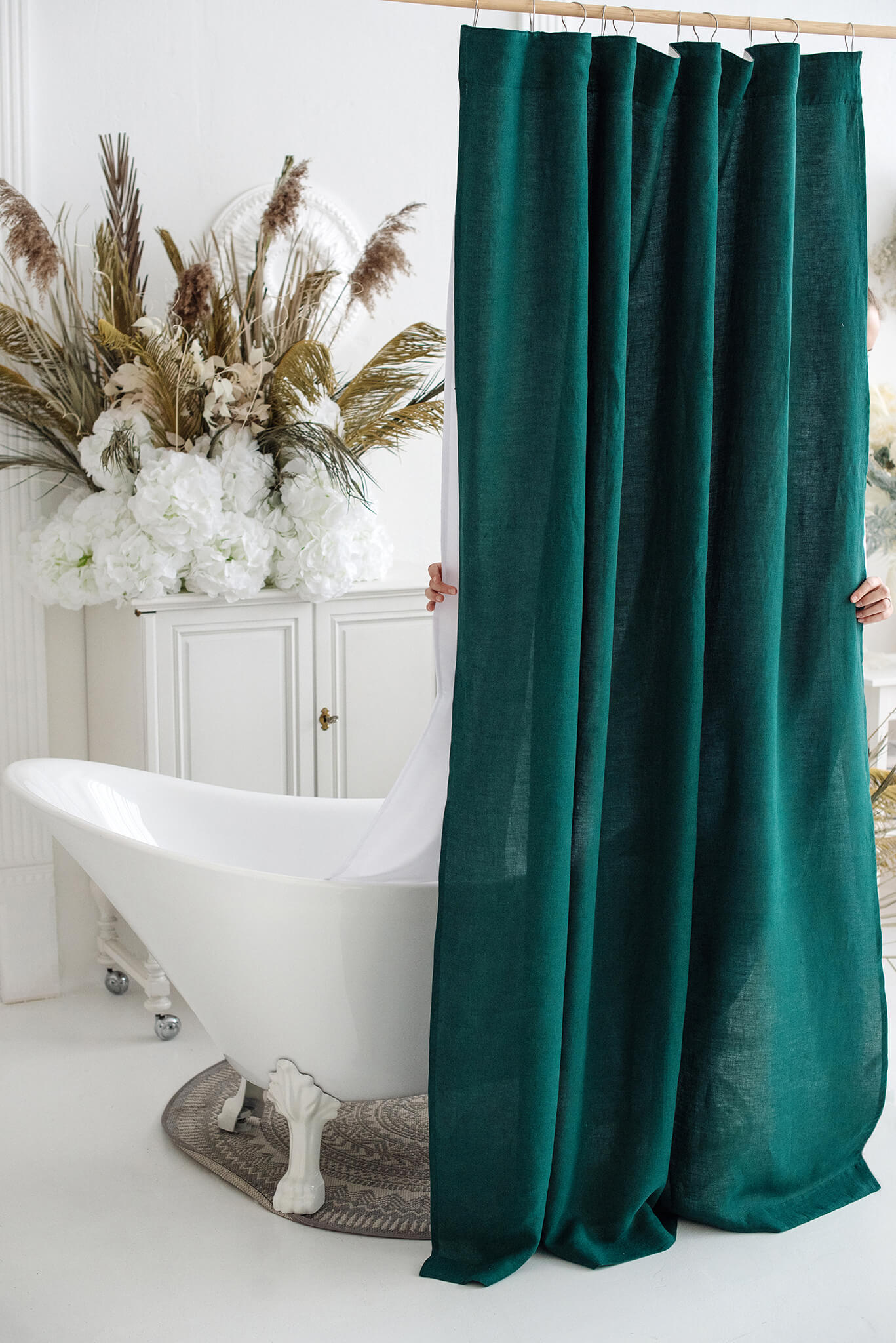 Emerald Green waterproof linen shower drape