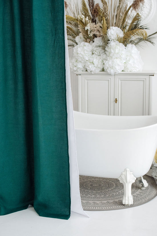 Emerald Green waterproof linen shower drape