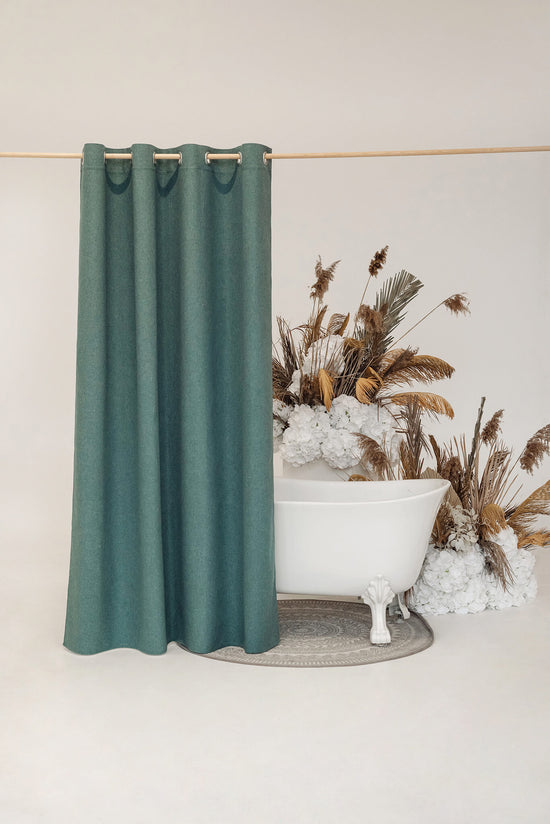 Green waterproof shower curtain panel with grommets for rod