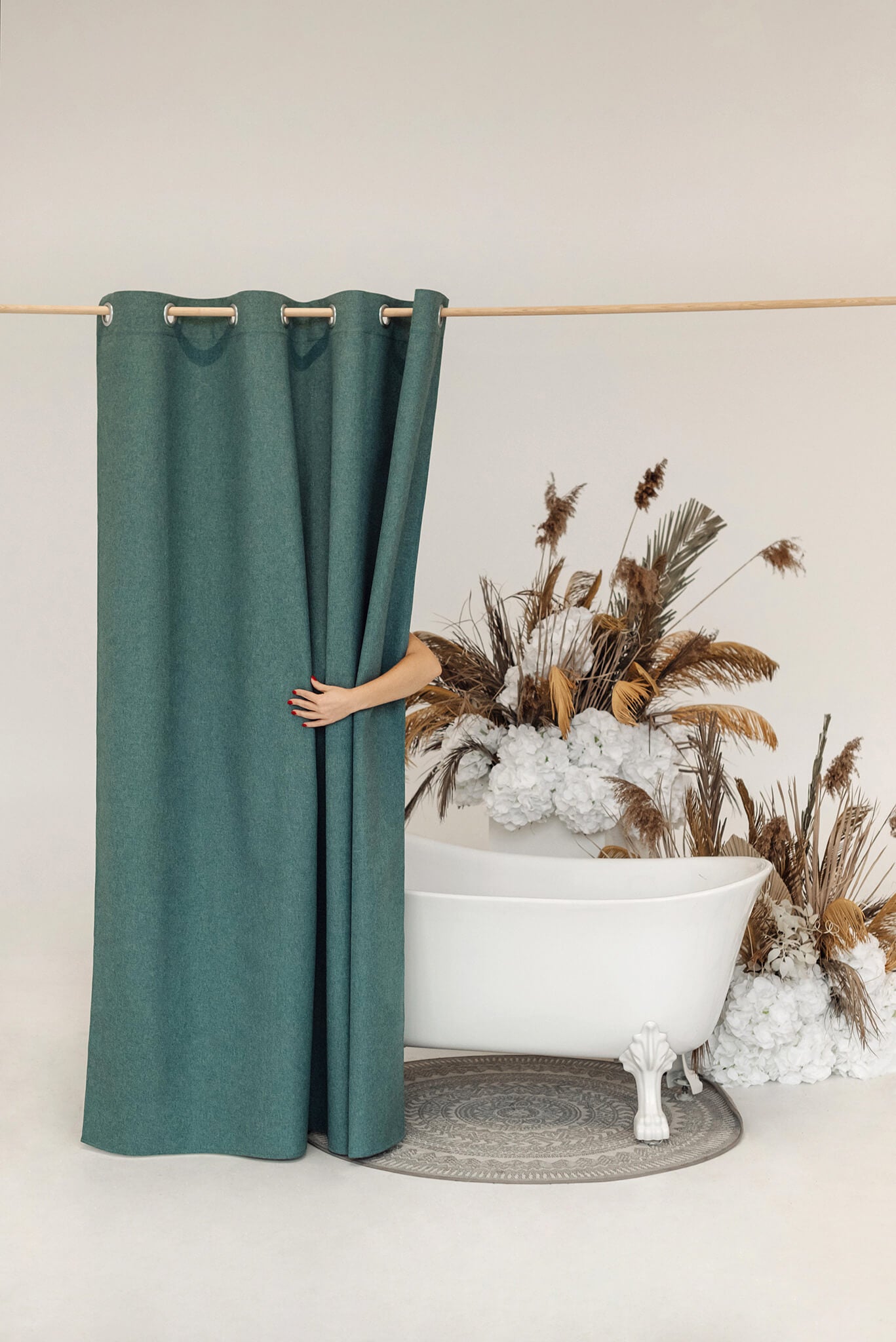 Green waterproof shower curtain panel with grommets for rod