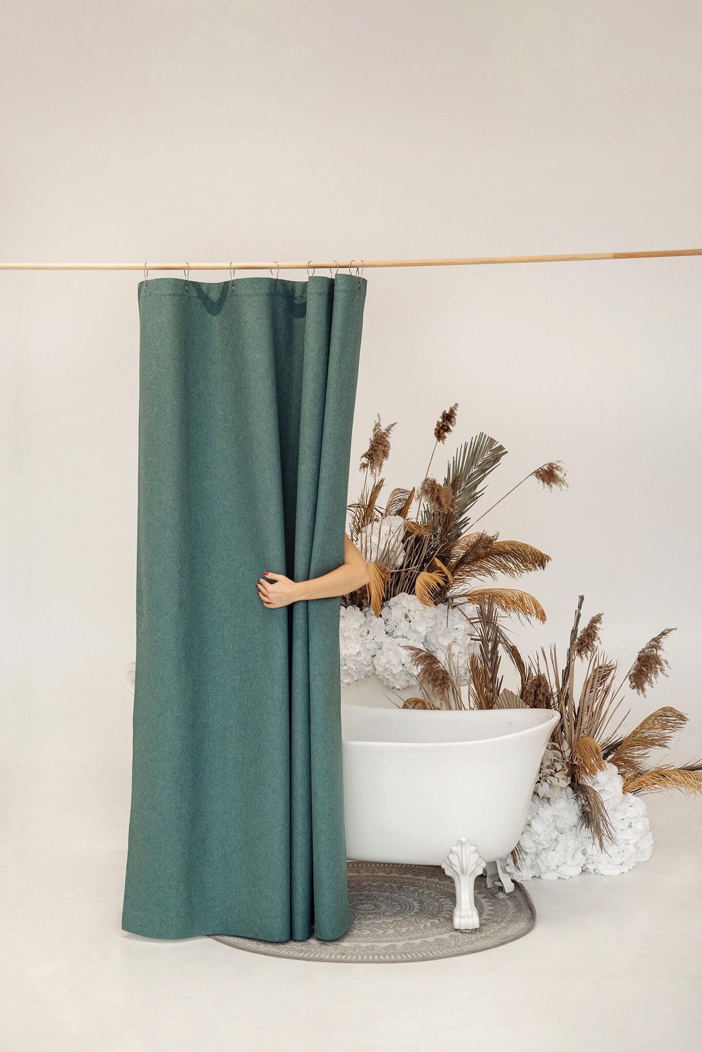 Green waterproof shower curtain with buttonholes for hooks