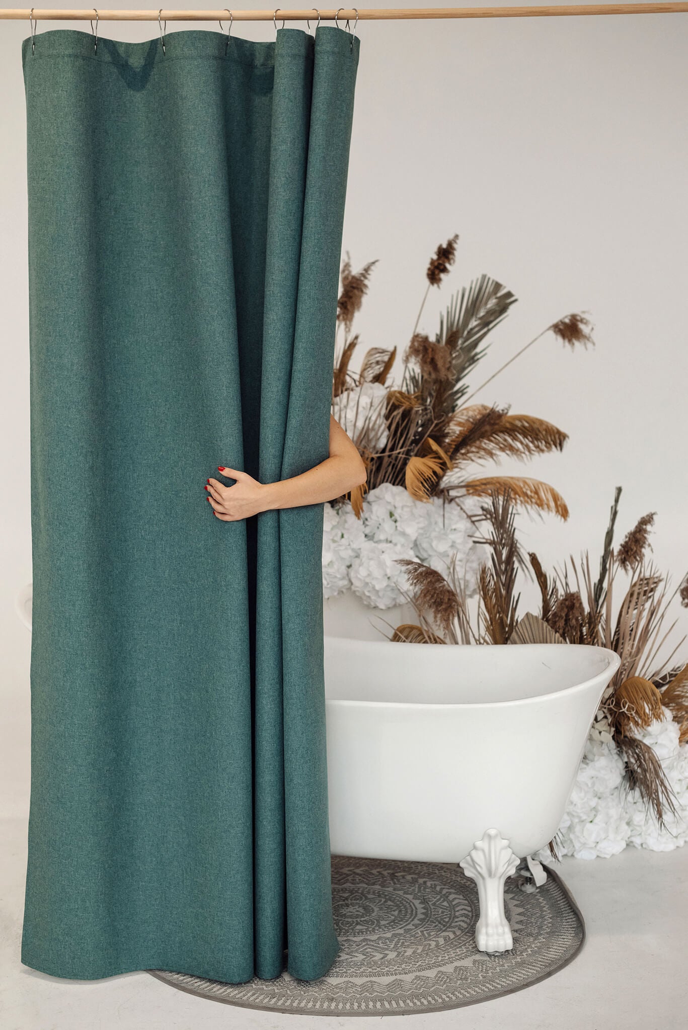 Green waterproof shower curtain with buttonholes for hooks