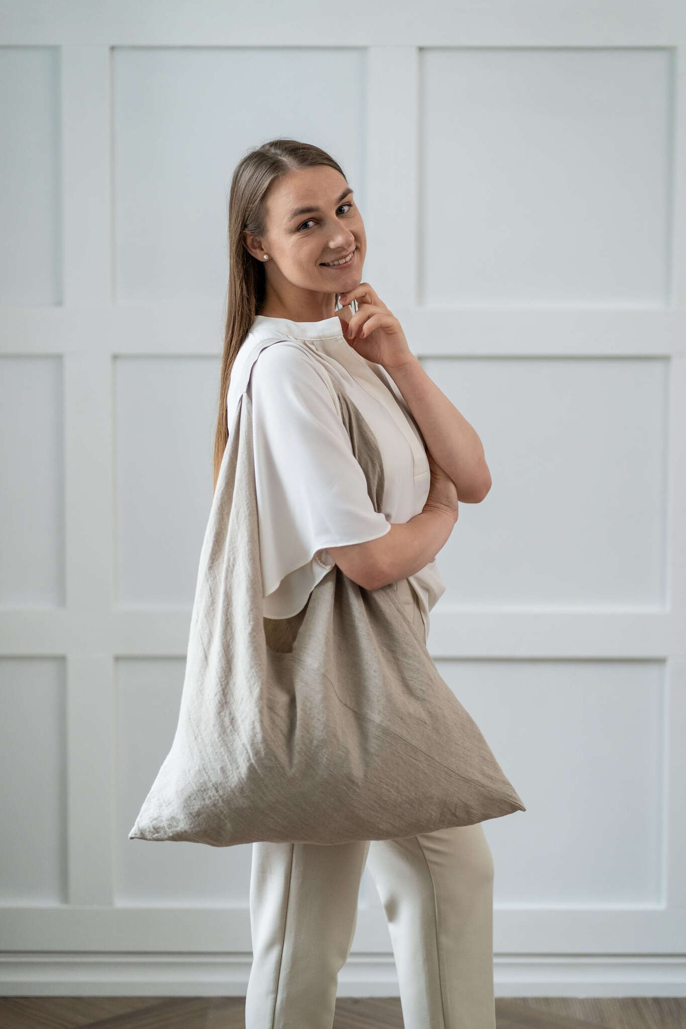 Large linen shoulder tote bag