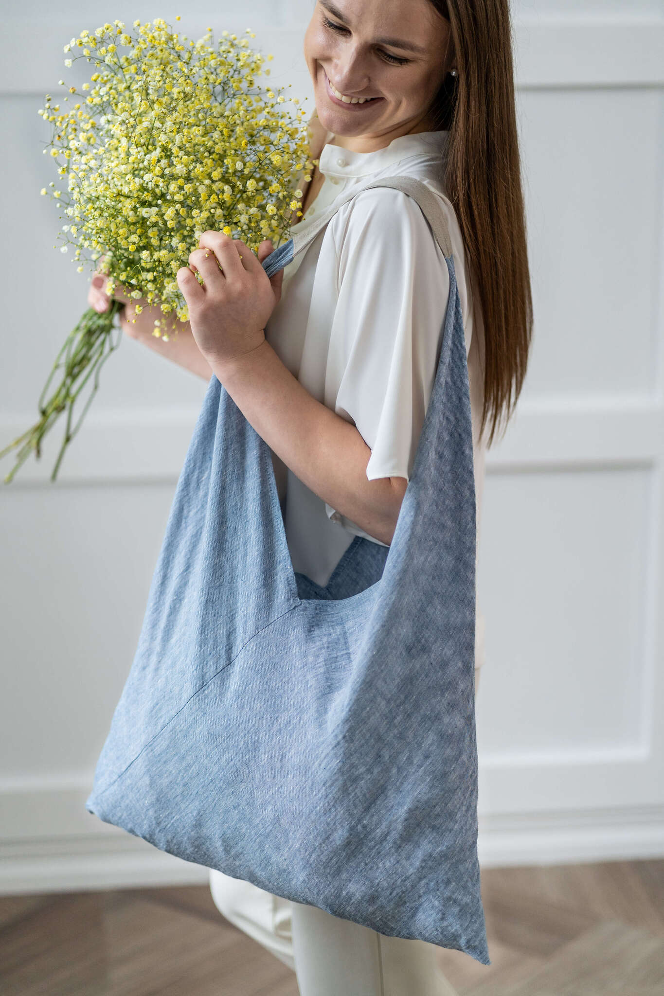 Large linen shoulder tote bag