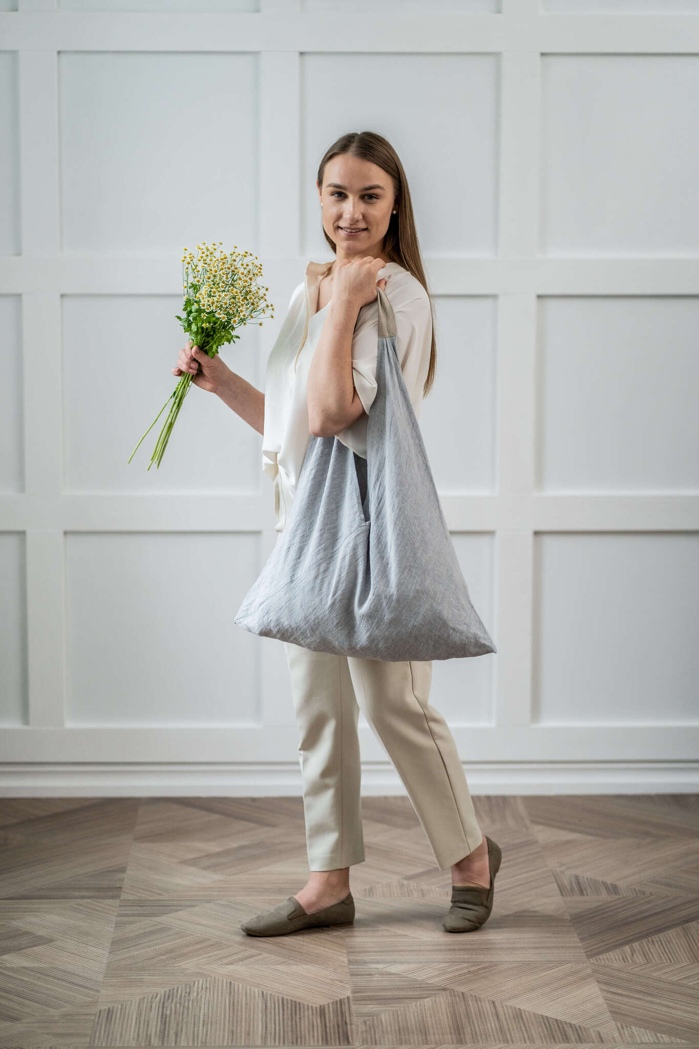 Large linen shoulder tote bag