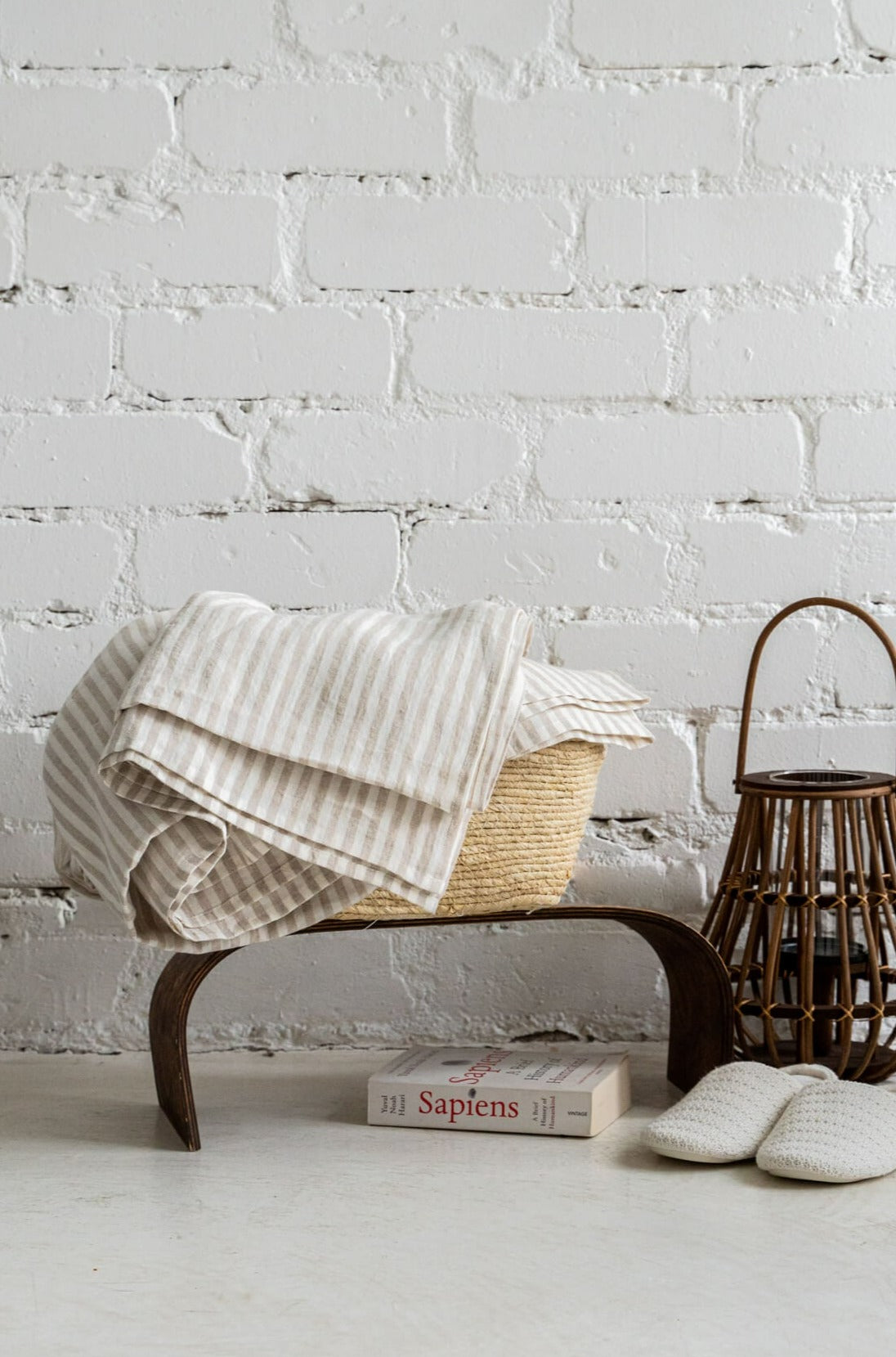 Linen flat sheet in Striped Natural