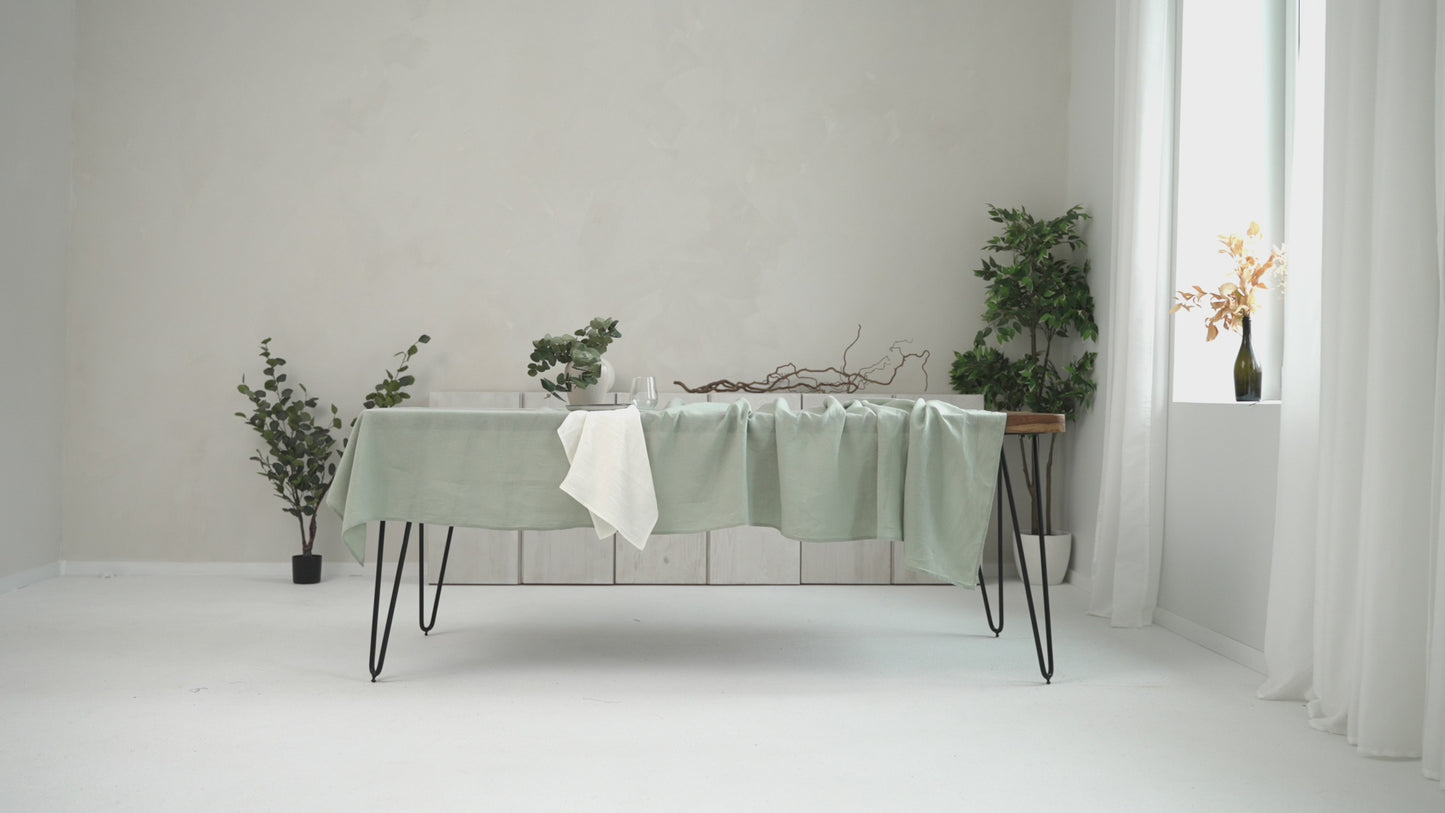 Load and play video in Gallery viewer, Sage Green linen tablecloth
